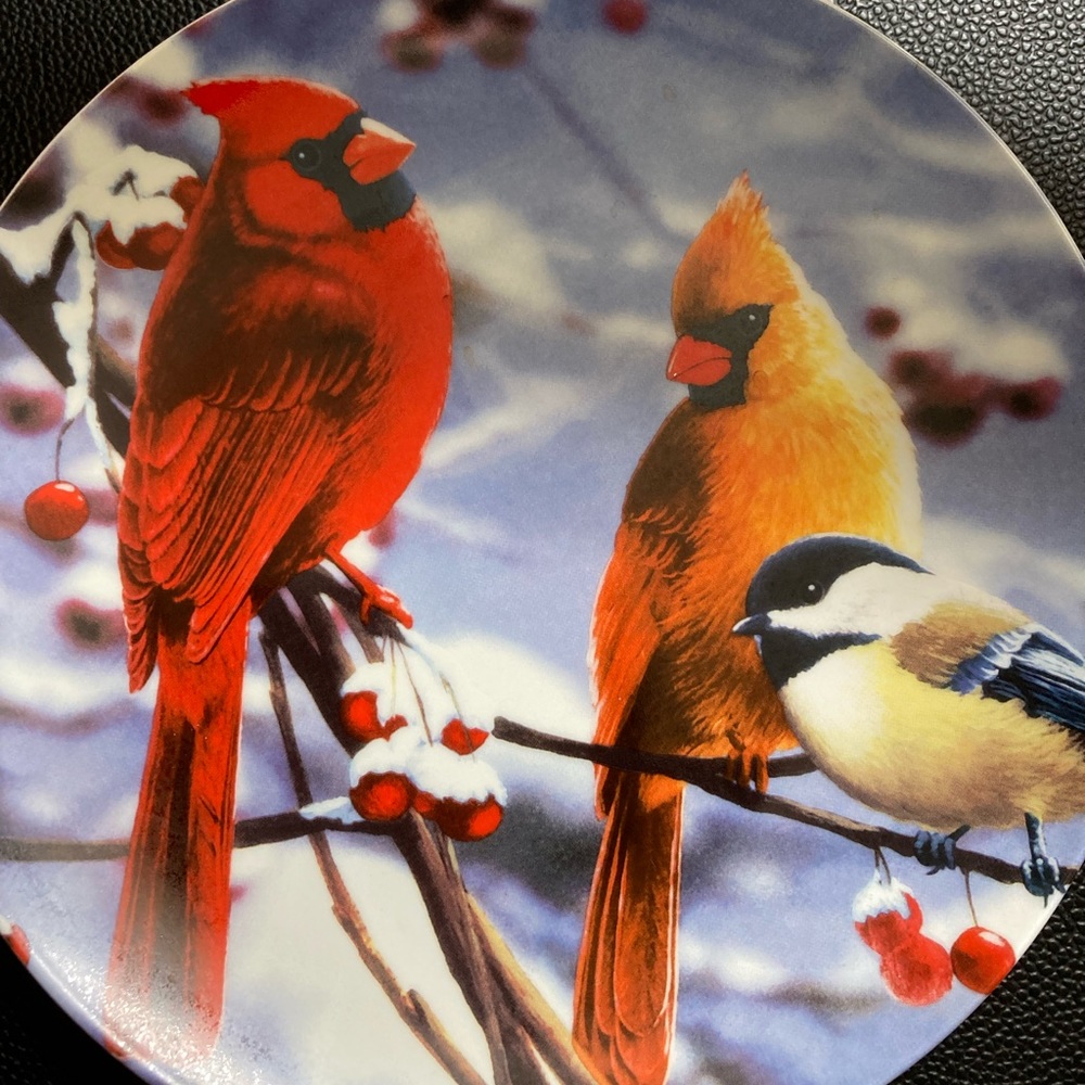 Pair Cardinal loving plates. Royal Elfreda British Birds, Knowles The Cardinals